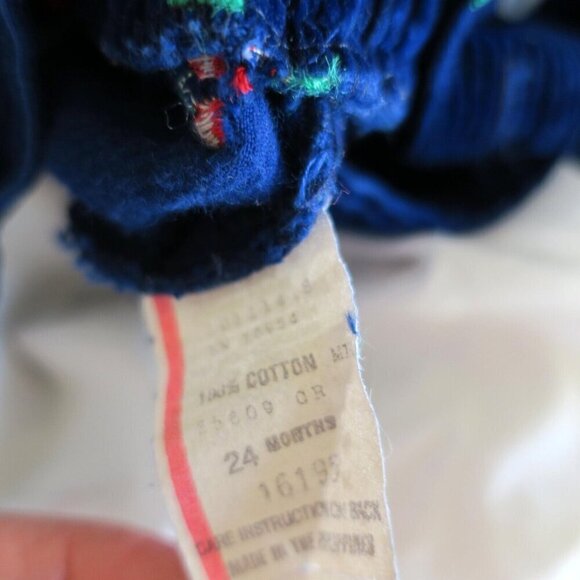 Vintage 80s Overalls Jumpsuit Girls Romper & Shirt Navy Corduroy Cherries 24M - Picture 7 of 8